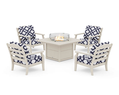 Draper James™ by  POLYWOOD® Savannah 5-Piece Deep Seating Set with Fire Pit Table in Sand / Trellis Navy