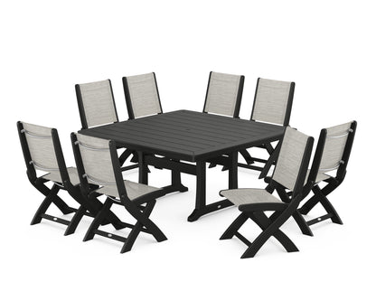 POLYWOOD® Coastal Folding Side Chair 9-Piece Dining Set with Trestle Legs in Black / Birch Sling