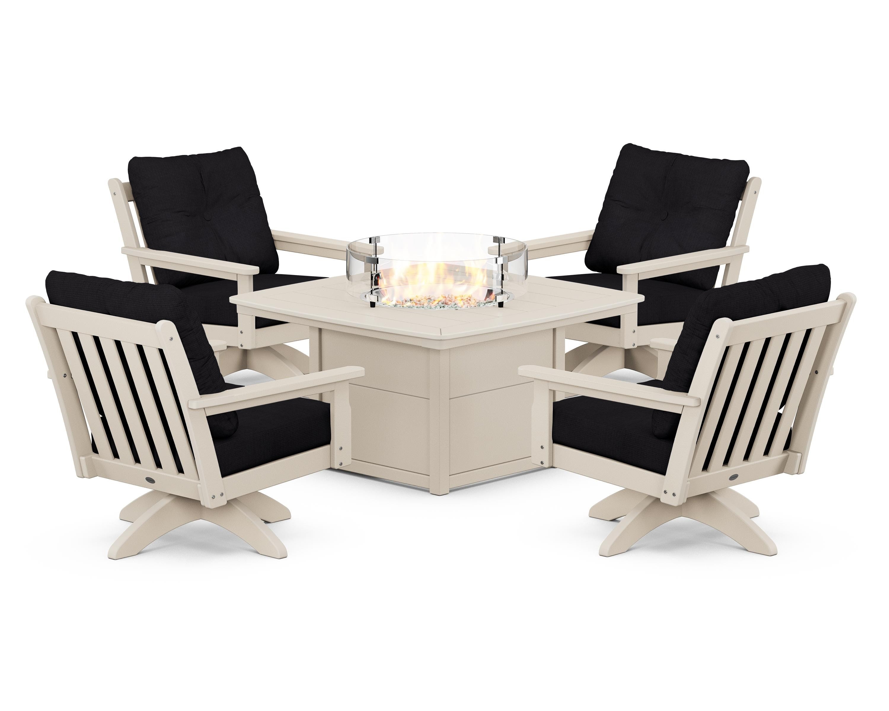 POLYWOOD® Vineyard 5-Piece Deep Seating Swivel Conversation Set with Fire Pit Table in Sand / Midnight Linen