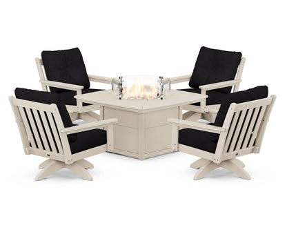 POLYWOOD® Vineyard 5-Piece Deep Seating Swivel Conversation Set with Fire Pit Table in Sand / Midnight Linen