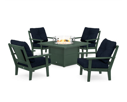 POLYWOOD® Prairie 5-Piece Deep Seating Set with Fire Pit Table in Green / Marine Indigo