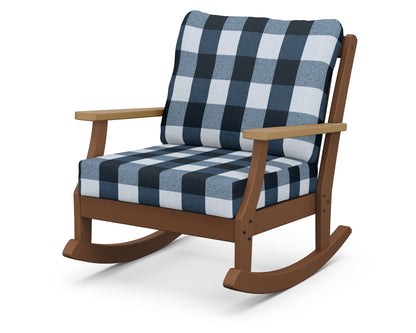 POLYWOOD® Braxton Deep Seating Rocking Chair in Teak / Natural / Buffalo Plaid Marine Indigo
