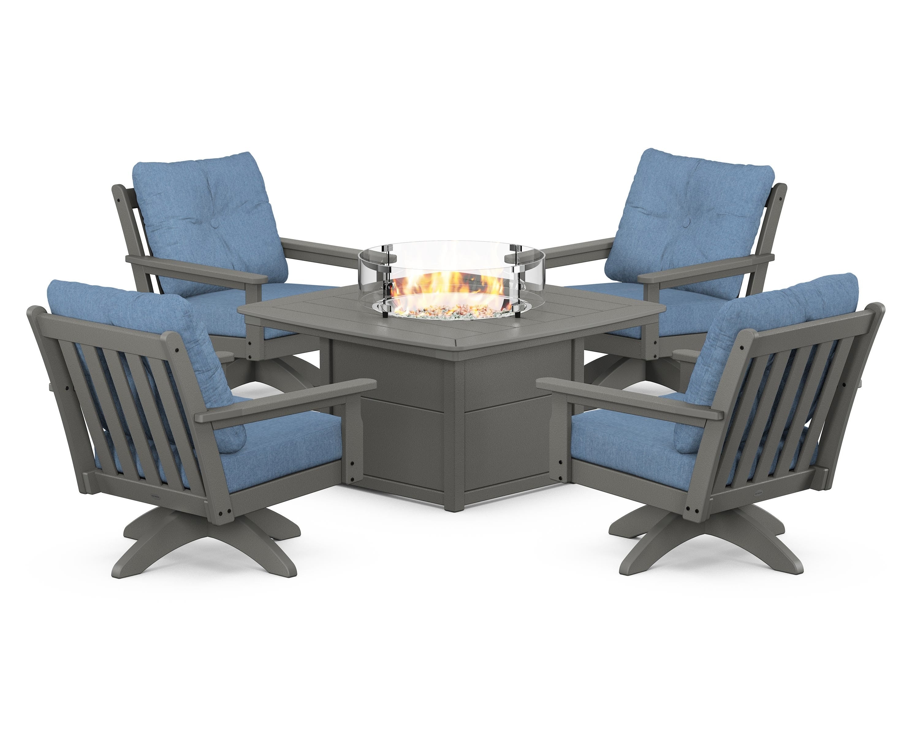 POLYWOOD® Vineyard 5-Piece Deep Seating Swivel Conversation Set with Fire Pit Table in Slate Grey / Sky Blue