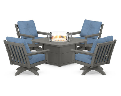 POLYWOOD® Vineyard 5-Piece Deep Seating Swivel Conversation Set with Fire Pit Table in Slate Grey / Sky Blue