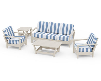 POLYWOOD® Harbour 5-Piece Deep Seating Set in Sand / Cabana Stripe Sky Blue