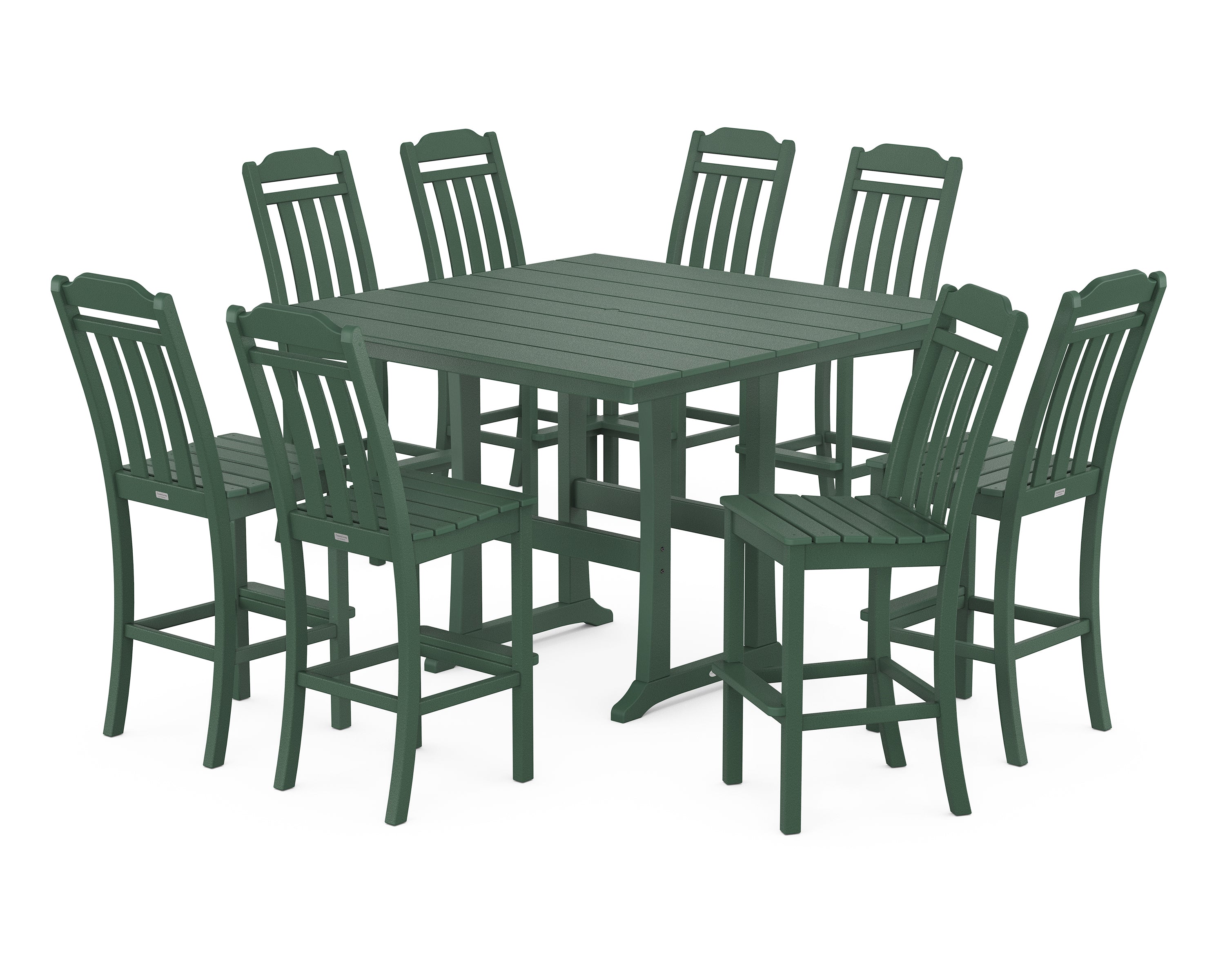 Country Living Cottage 9-Piece Square Farmhouse Side Chair Bar Set with Trestle Legs in Green