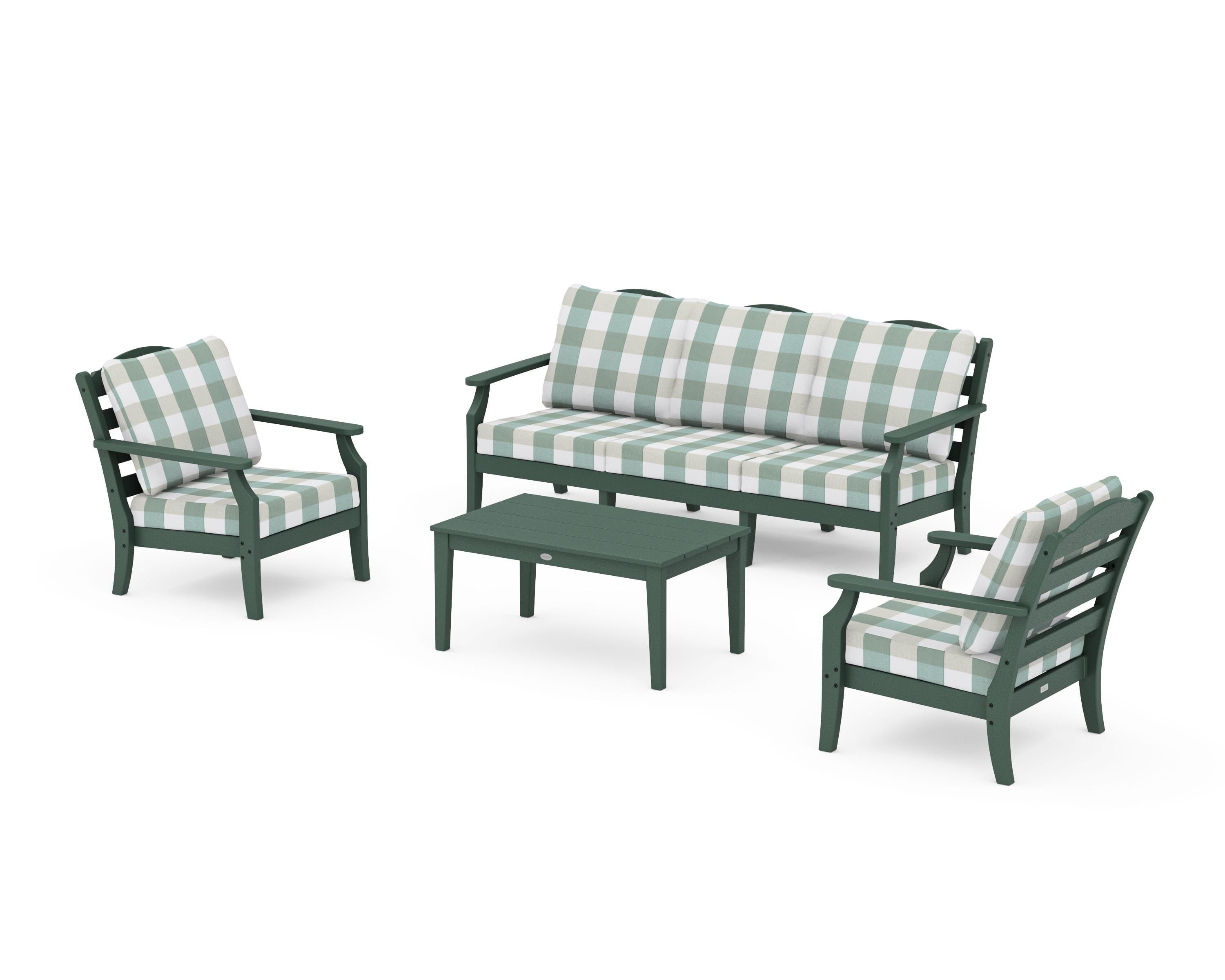 Draper James™ by  POLYWOOD® Savannah 4-Piece Deep Seating Set with Sofa in Green / Buffalo Plaid Glacier Spa