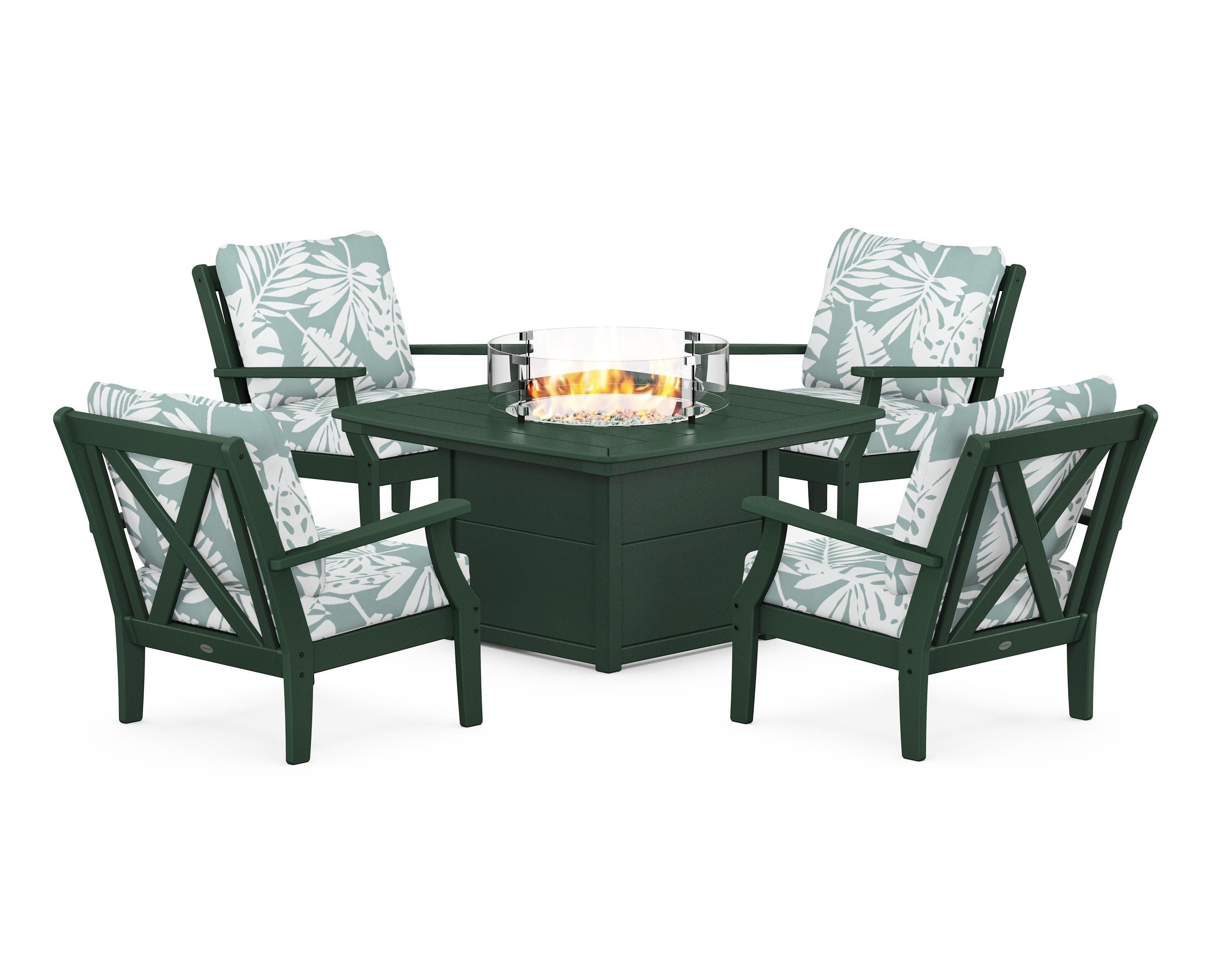 POLYWOOD® Braxton 5-Piece Deep Seating Conversation Set with Fire Pit Table in Green / Leaf Glacier Spa