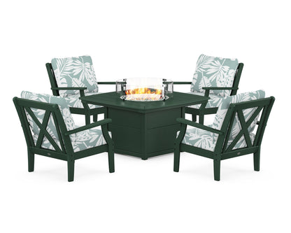 POLYWOOD® Braxton 5-Piece Deep Seating Conversation Set with Fire Pit Table in Green / Leaf Glacier Spa