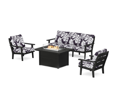 POLYWOOD® Lakeside Deep Seating Fire Pit Table Set in Black / Leaf Navy