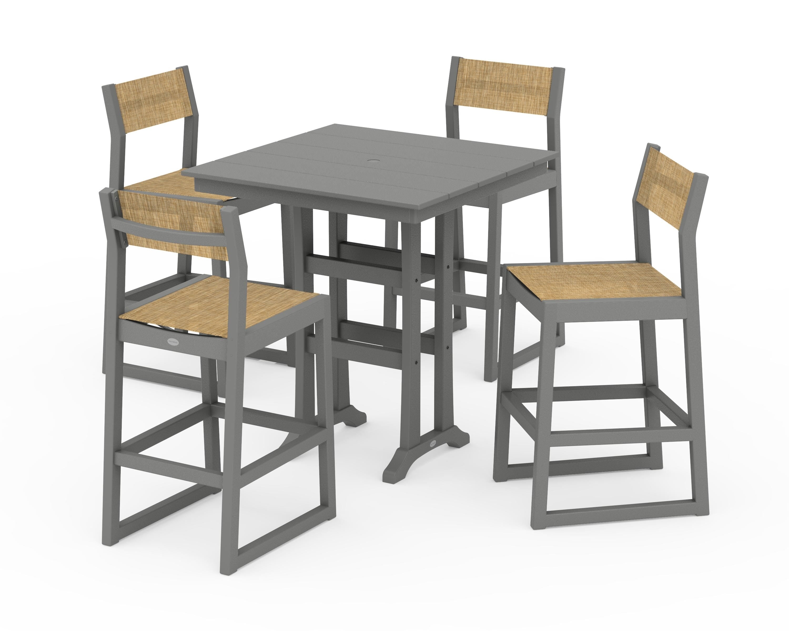 POLYWOOD® EDGE Sling Arm Chair 5-Piece Farmhouse Bar Set with Trestle Legs in Slate Grey / Burlap Sling