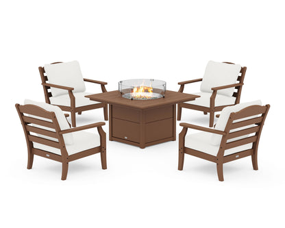 Draper James™ by  POLYWOOD® Savannah 5-Piece Deep Seating Set with Fire Pit Table in Teak / Natural Linen