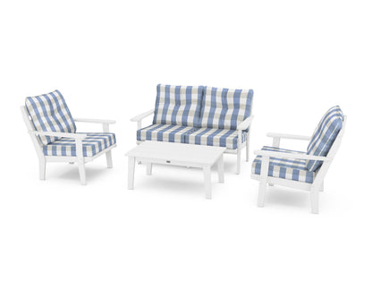 POLYWOOD® Lakeside 4-Piece Deep Seating Set in White / Buffalo Plaid Sky Blue
