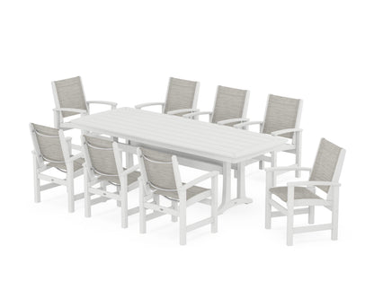 POLYWOOD® Coastal 9-Piece Dining Set with Trestle Legs in White / Birch Sling