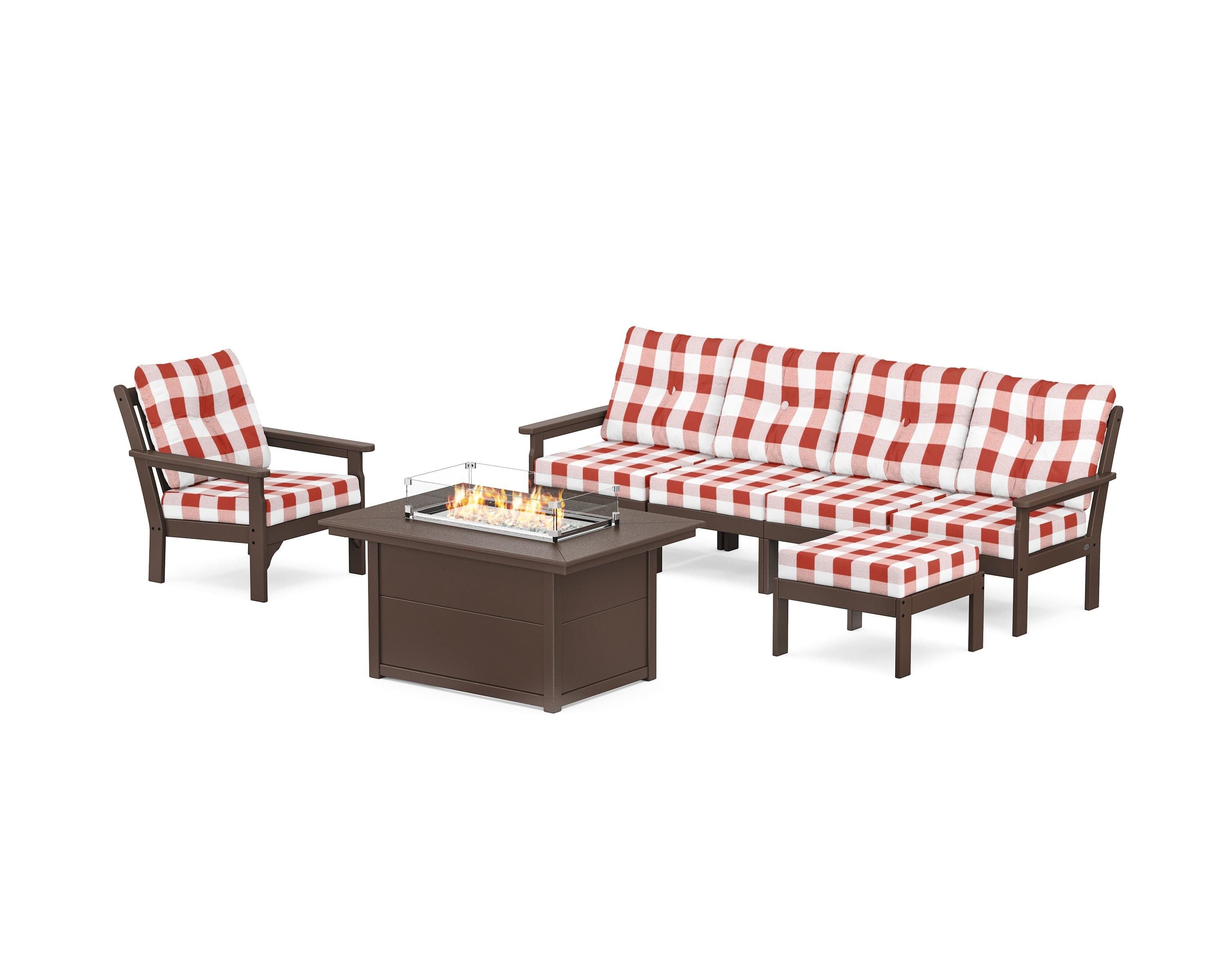 POLYWOOD® Vineyard Sectional Lounge and Fire Pit Set in Mahogany / Buffalo Plaid Crimson