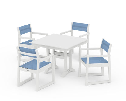POLYWOOD® EDGE Sling 5-Piece Farmhouse Dining Set with Trestle Legs in White / Poolside Sling