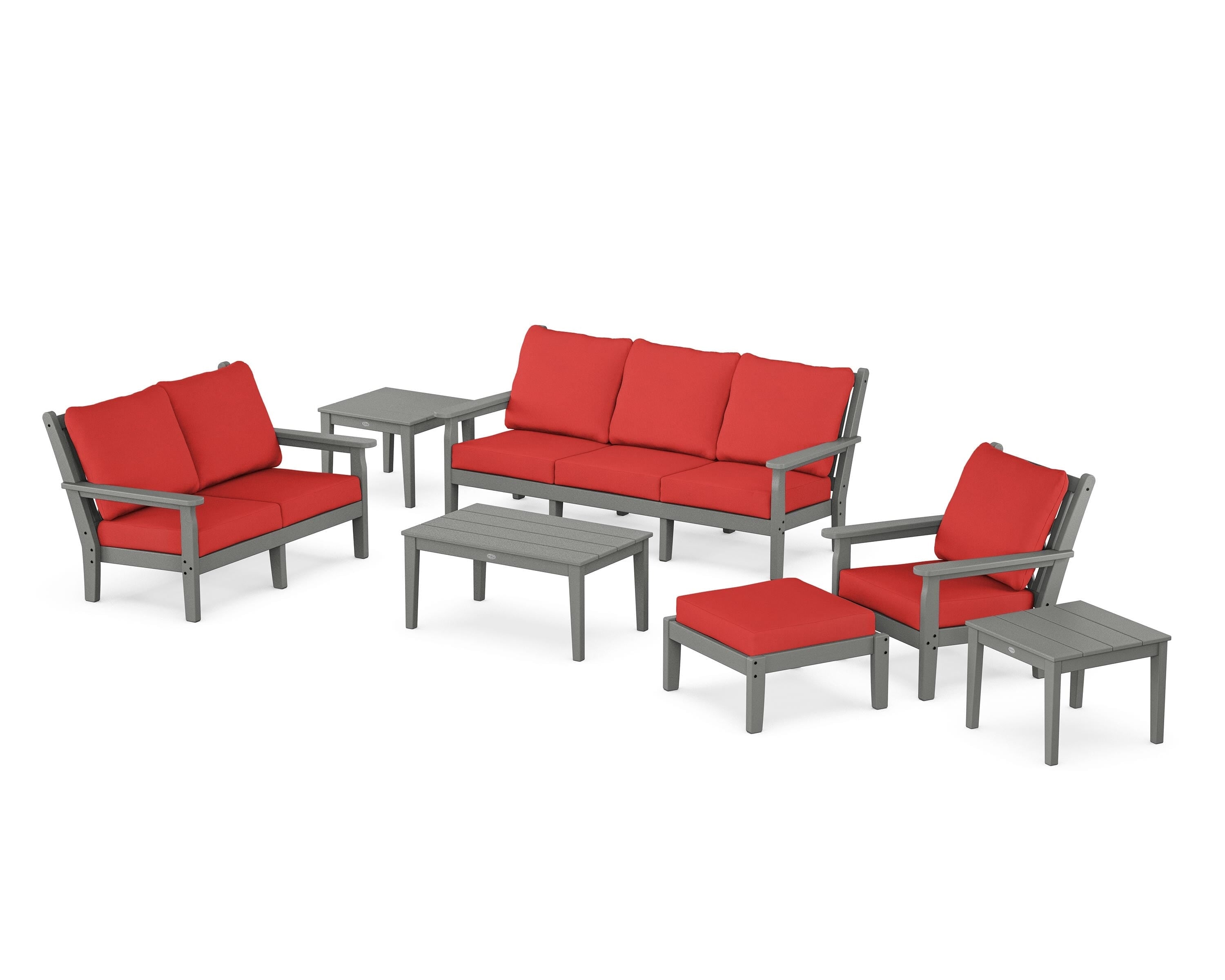 POLYWOOD® Chippendale 7-Piece Deep Seating Set in Slate Grey / Crimson Linen