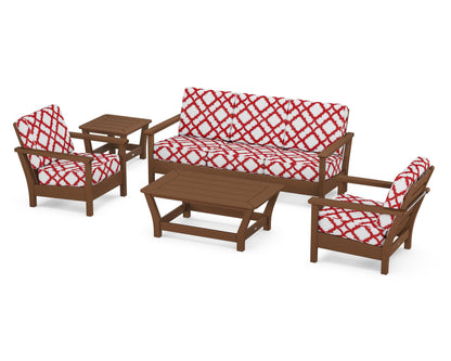 POLYWOOD® Harbour 5-Piece Deep Seating Set in Teak / Trellis Crimson