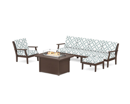 POLYWOOD® Braxton Sectional Lounge and Fire Pit Set in Mahogany / Trellis Glacier Spa
