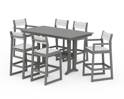 POLYWOOD® EDGE Sling 7-Piece Farmhouse Bar Set with Trestle Legs in Slate Grey / White Sling