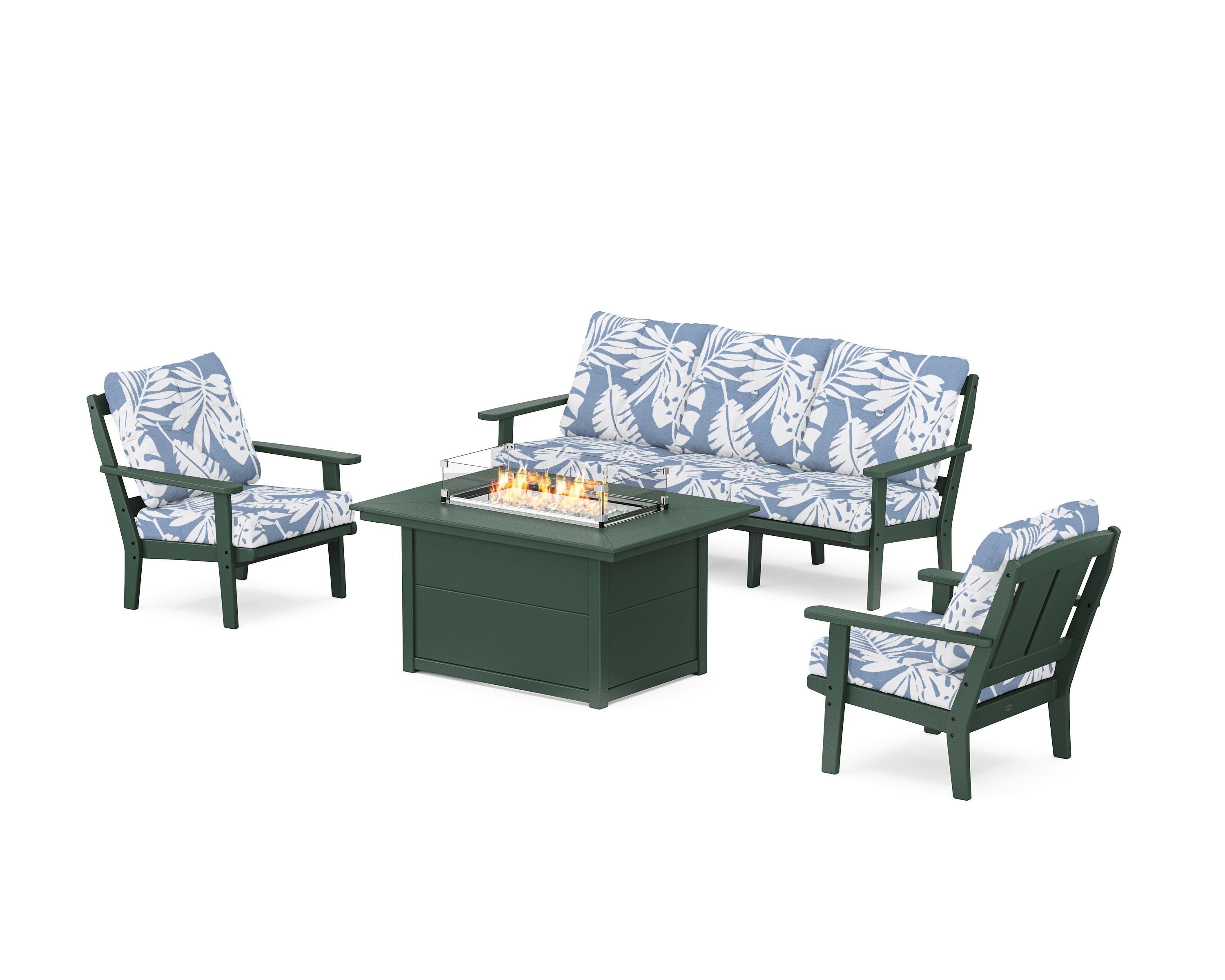 POLYWOOD® Mission Deep Seating Fire Pit Table Set in Green / Leaf Sky Blue