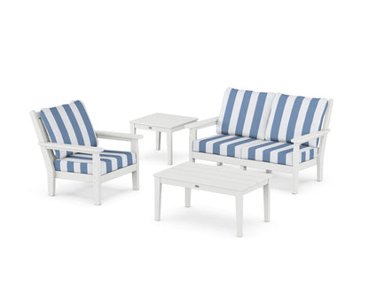 POLYWOOD® Chippendale 4-Piece Deep Seating Set in White / Cabana Stripe Sky Blue