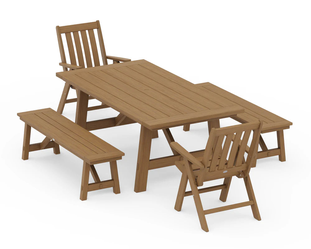Vineyard Folding Chair 5-Piece Rustic Farmhouse Dining Set With Benches