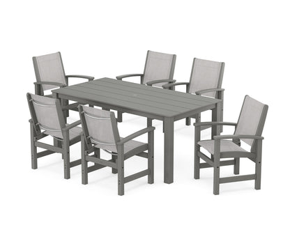 POLYWOOD® Coastal 7-Piece Parsons Dining Set in Green / Dupioni Aquamarine Sling