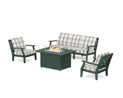 Martha Stewart by POLYWOOD® Chinoiserie Deep Seating Fire Pit Table Set in Green / Buffalo Plaid Grey Mist