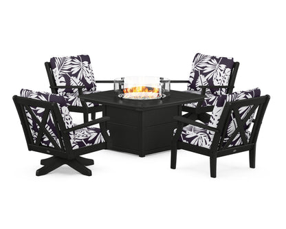POLYWOOD® Braxton 5-Piece Deep Seating Set with Fire Table in Black / Leaf Navy