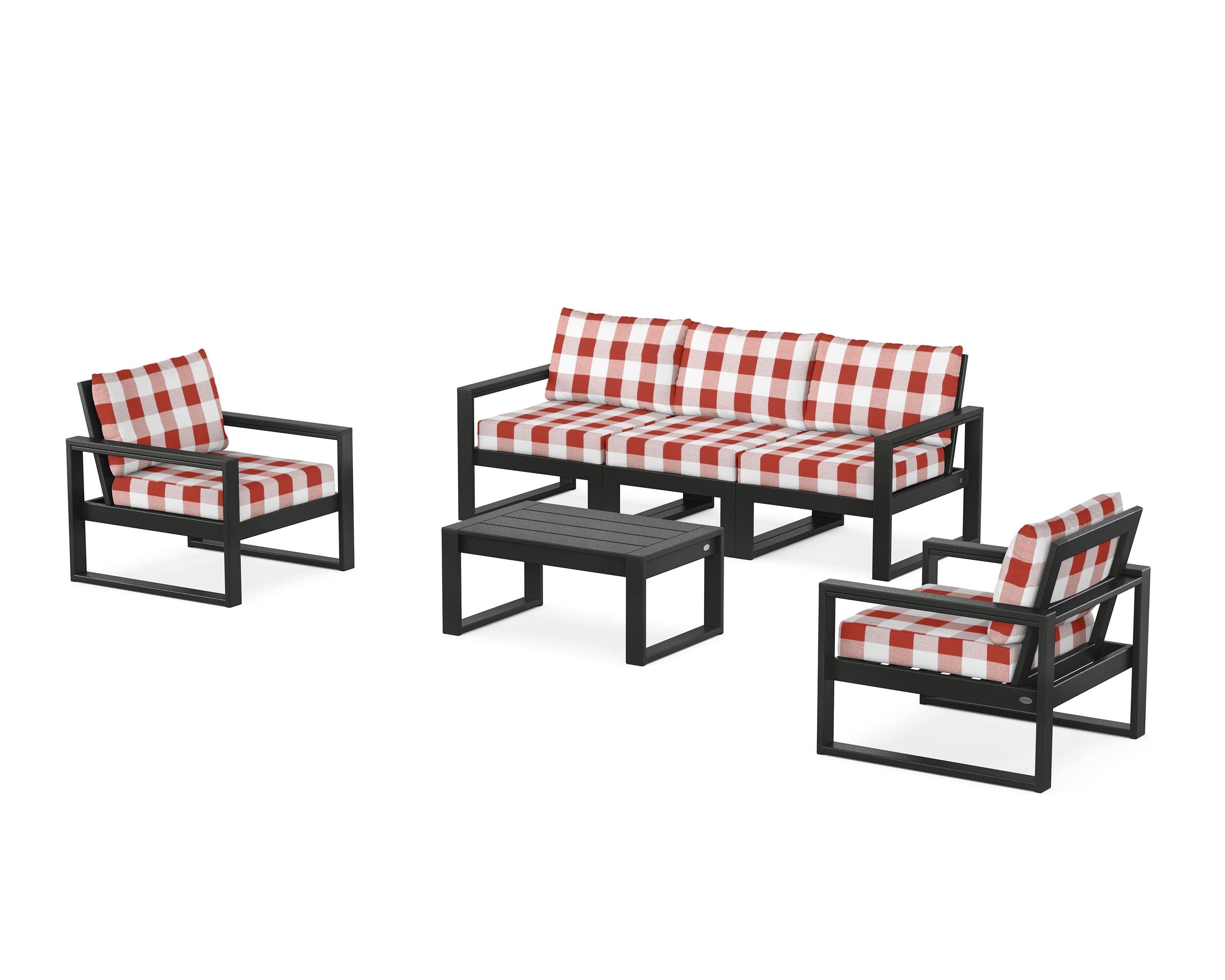 POLYWOOD® EDGE Sectional 4-Piece Deep Seating Set with Sofa in Black / Buffalo Plaid Crimson