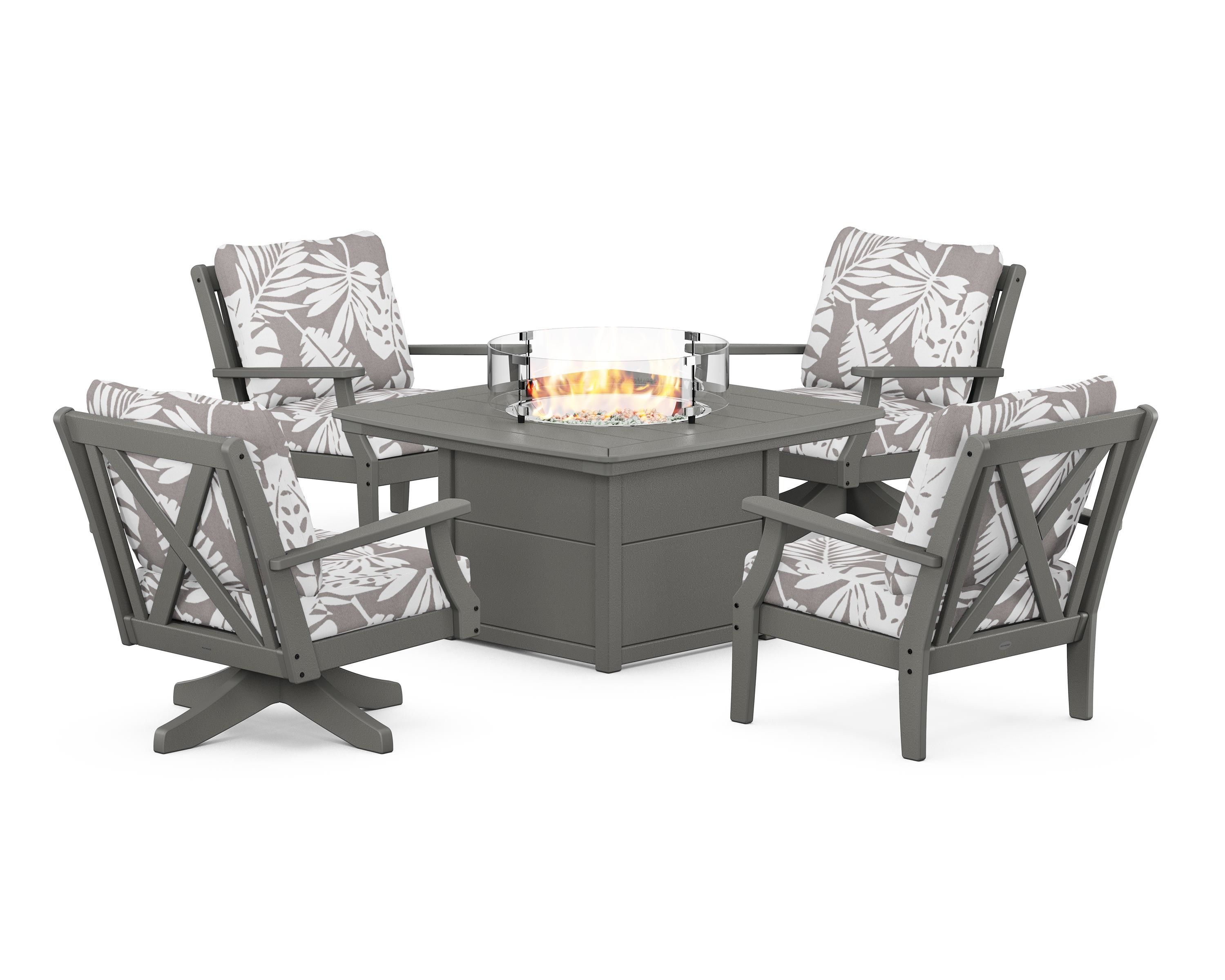 POLYWOOD® Braxton 5-Piece Deep Seating Set with Fire Table in Slate Grey / Leaf Grey Mist