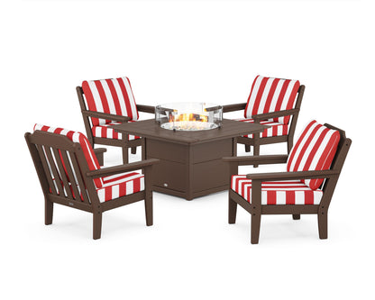 Country Living Cottage 5-Piece Deep Seating Set with Fire Pit Table in Mahogany / Cabana Stripe Crimson