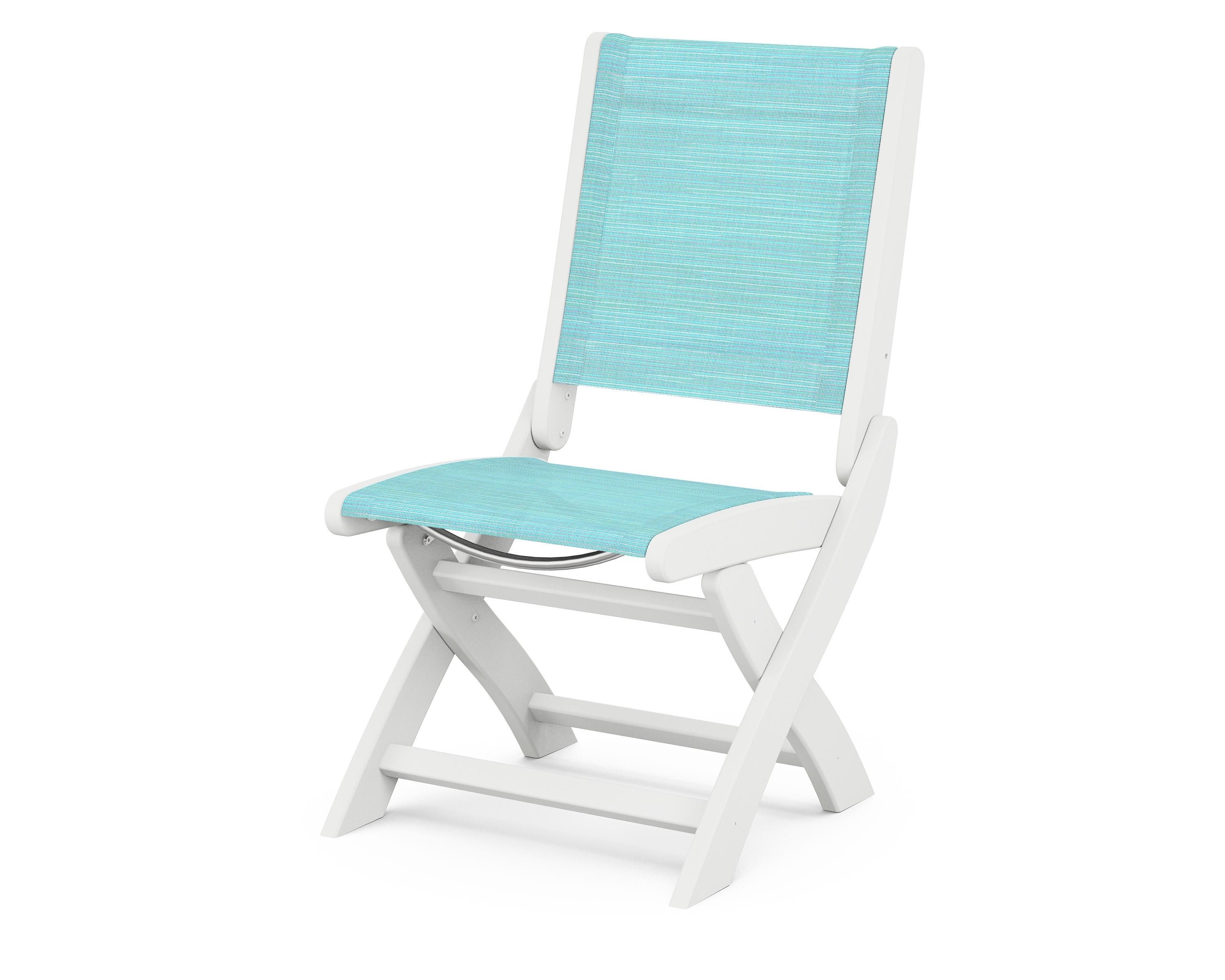 POLYWOOD® Coastal Folding Side Chair in White / Dupioni Aquamarine Sling