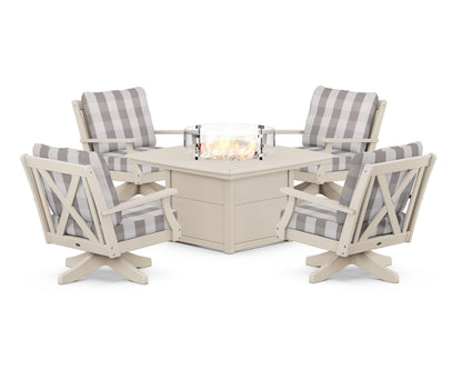 POLYWOOD® Braxton 5-Piece Deep Seating Swivel Conversation Set with Fire Pit Table in Sand / Buffalo Plaid Grey Mist
