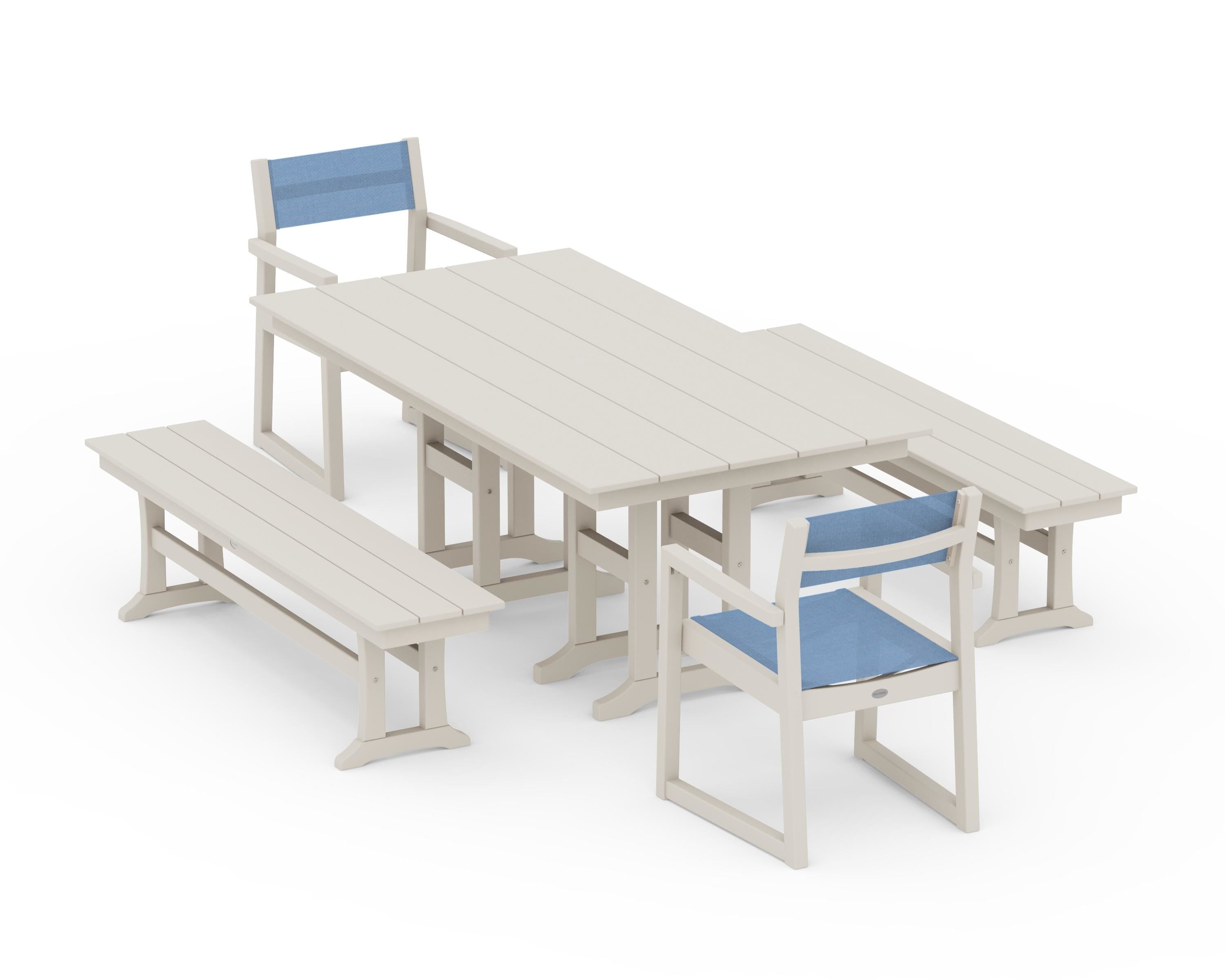 POLYWOOD® EDGE Sling Arm Chair 5-Piece Farmhouse Dining Set with Benches in Sand / Poolside Sling