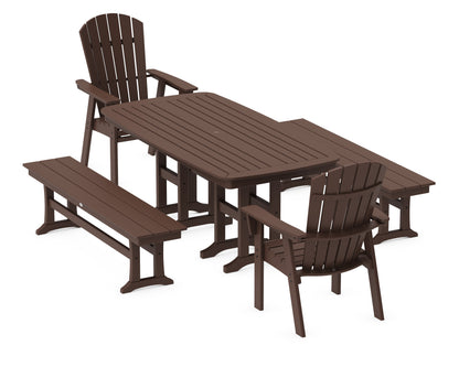 POLYWOOD® Nautical Curveback Adirondack 5-Piece Dining Set with Benches in Mahogany