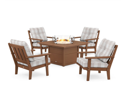 POLYWOOD® Oxford 5-Piece Deep Seating Set with Fire Pit Table in Teak / Buffalo Plaid Dune Burlap
