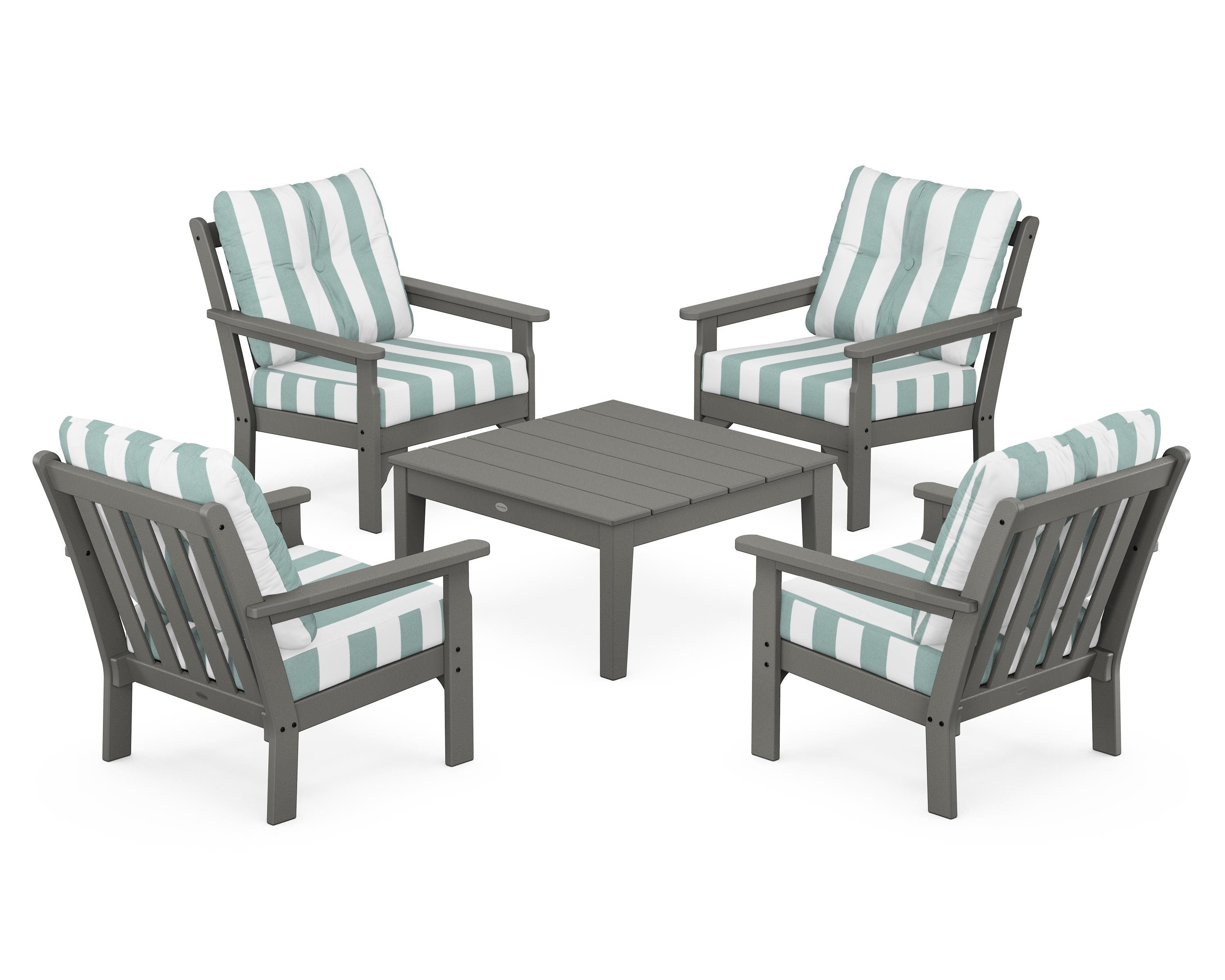 POLYWOOD® Vineyard 5-Piece Deep Seating Conversation Set in Slate Grey / Cabana Stripe Glacier Spa