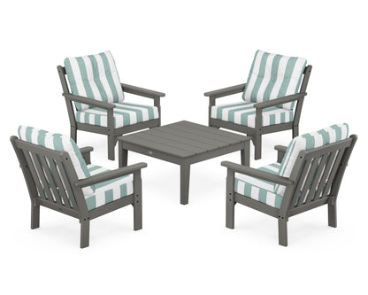 POLYWOOD® Vineyard 5-Piece Deep Seating Conversation Set in Slate Grey / Cabana Stripe Glacier Spa