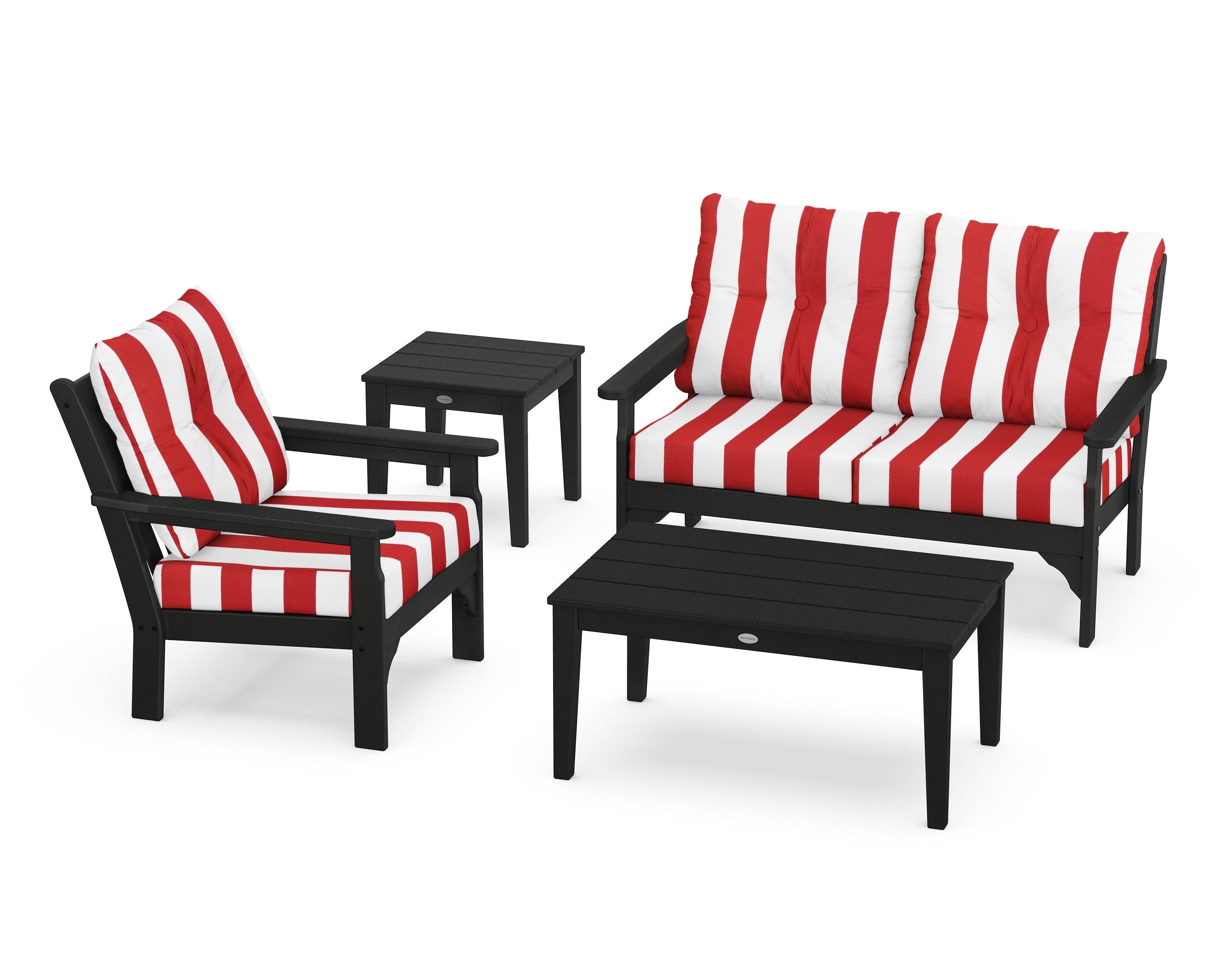 POLYWOOD® Vineyard 4-Piece Deep Seating Set in Black / Cabana Stripe Crimson