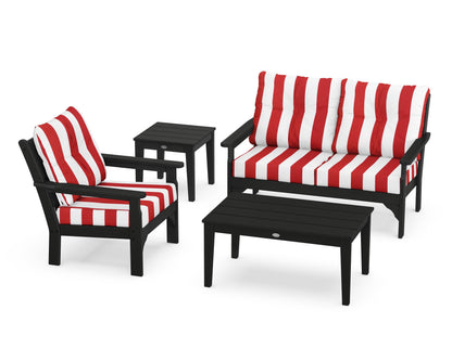 POLYWOOD® Vineyard 4-Piece Deep Seating Set in Black / Cabana Stripe Crimson