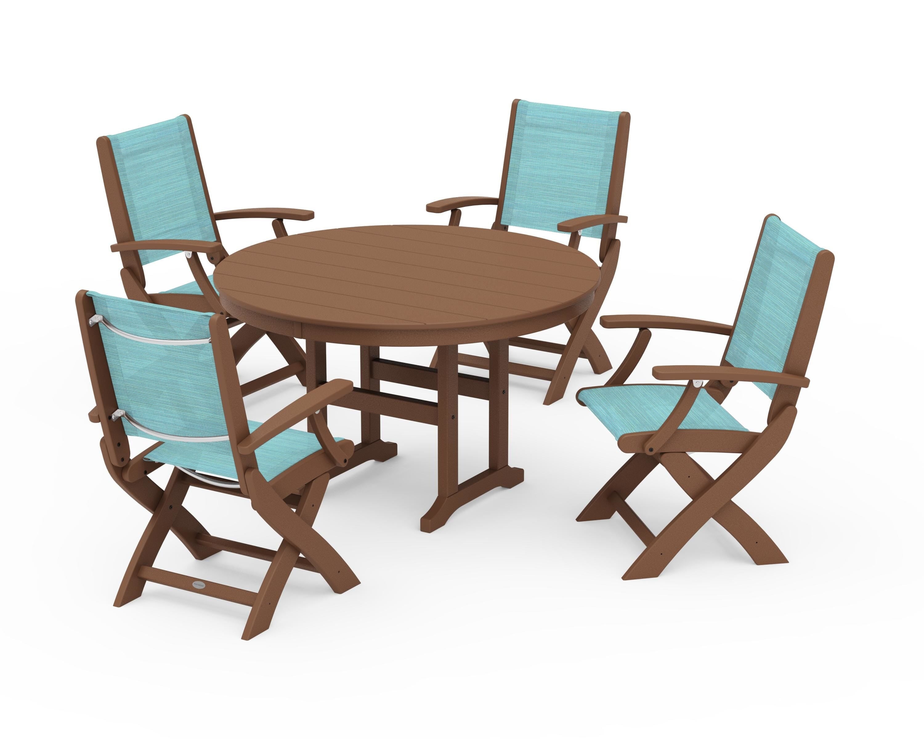 POLYWOOD® Coastal Folding Chair 5-Piece Round Dining Set in Teak / Dupioni Aquamarine Sling