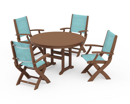 POLYWOOD® Coastal Folding Chair 5-Piece Round Dining Set in Teak / Dupioni Aquamarine Sling
