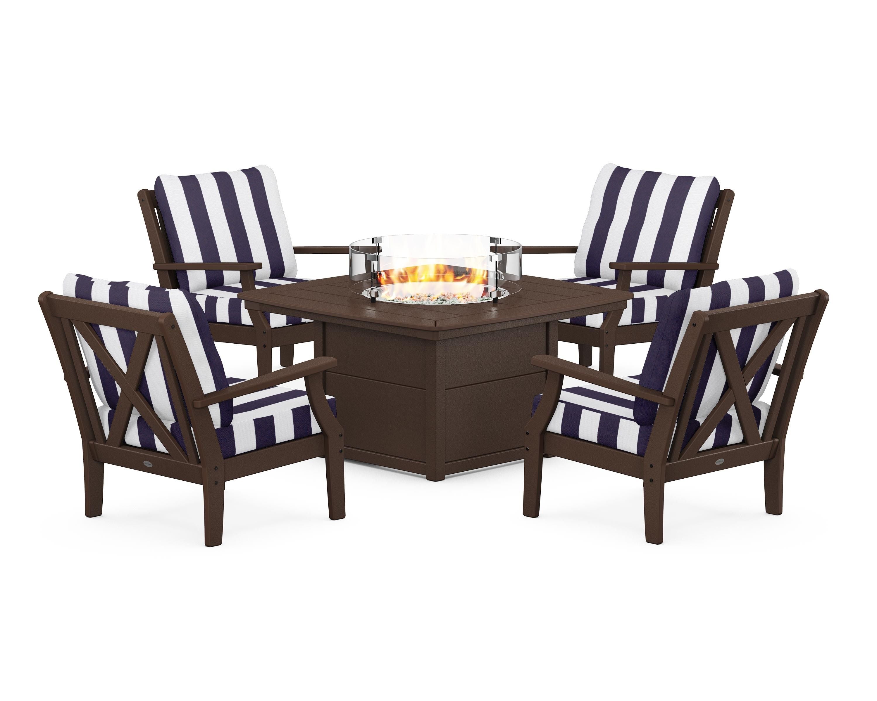 POLYWOOD® Braxton 5-Piece Deep Seating Conversation Set with Fire Pit Table in Mahogany / Cabana Stripe Navy