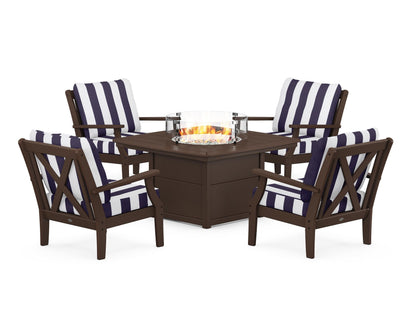 POLYWOOD® Braxton 5-Piece Deep Seating Conversation Set with Fire Pit Table in Mahogany / Cabana Stripe Navy