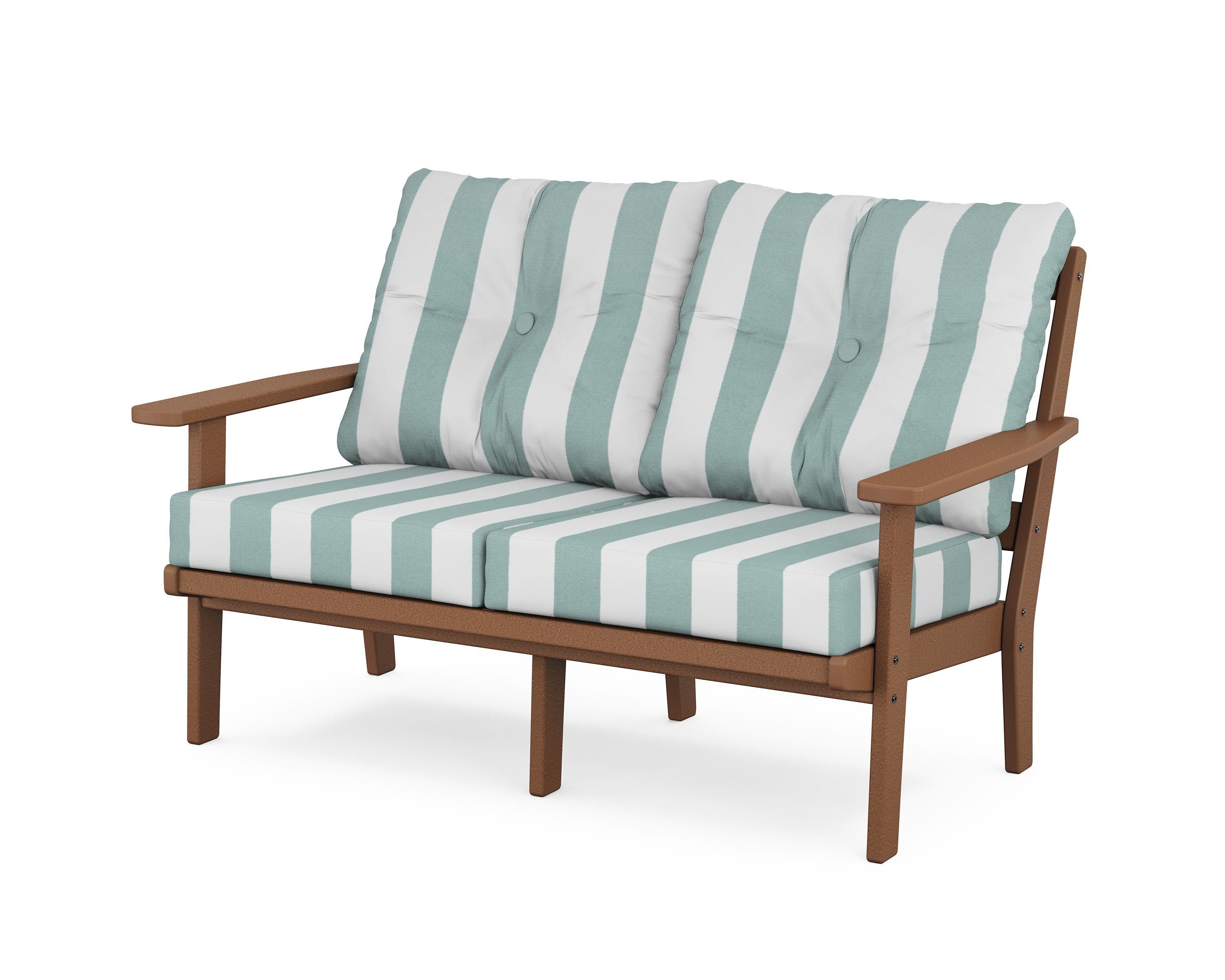 POLYWOOD® Oxford Deep Seating Loveseat in Teak / Cabana Stripe Glacier Spa