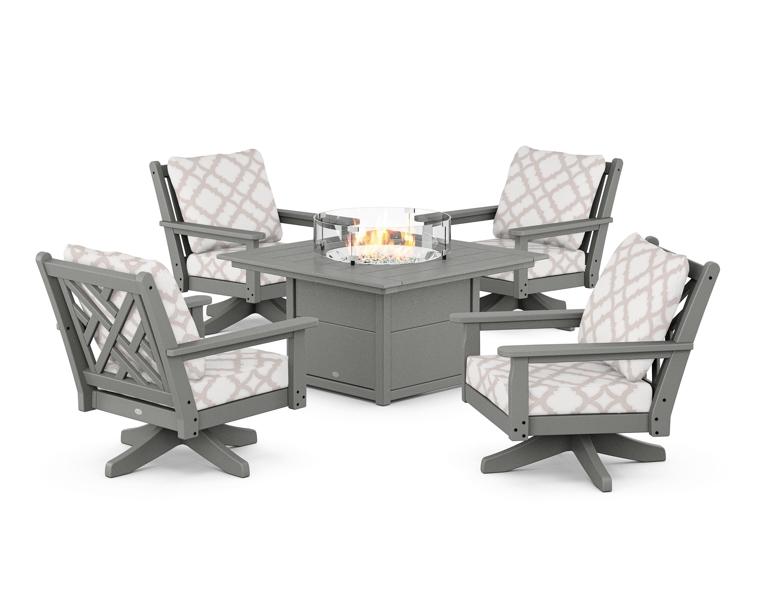 POLYWOOD® Chippendale 5-Piece Deep Seating Swivel Conversation Set with Fire Pit Table in Slate Grey / Trellis Dune Burlap