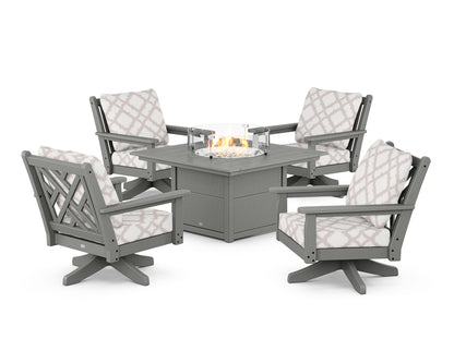 POLYWOOD® Chippendale 5-Piece Deep Seating Swivel Conversation Set with Fire Pit Table in Slate Grey / Trellis Dune Burlap