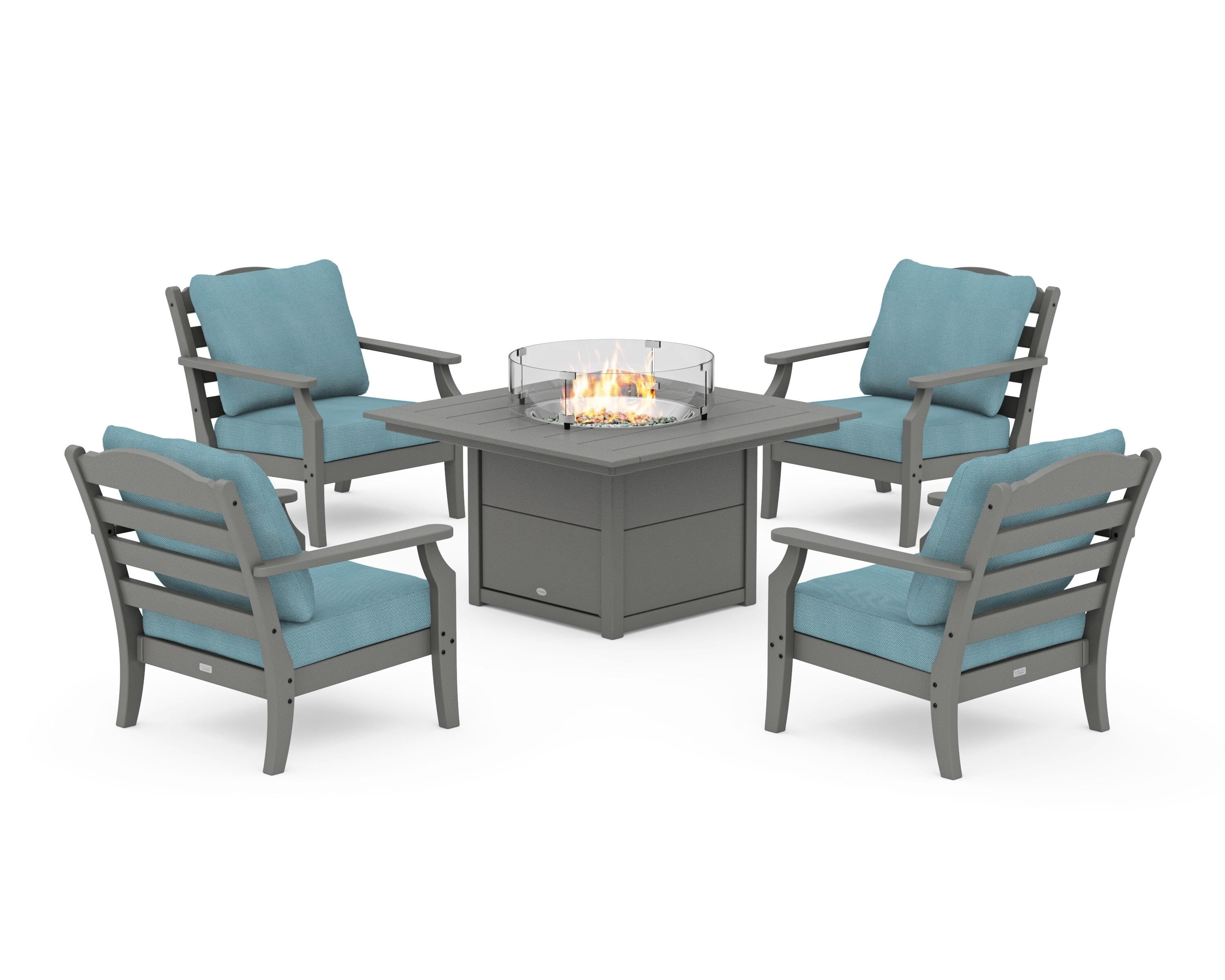 Draper James™ by  POLYWOOD® Savannah 5-Piece Deep Seating Set with Fire Pit Table in Slate Grey / Lattice Sky Blue